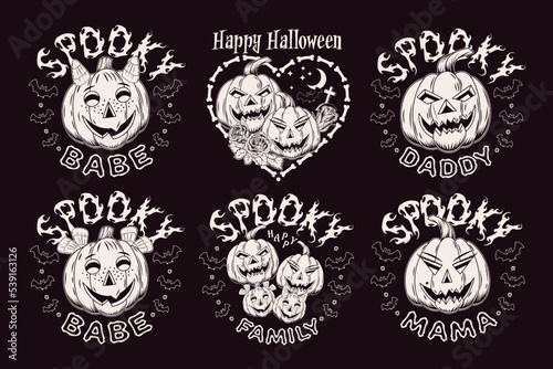 Round vintage emblems with text, silhouette of bats, pumpkins like human characters, such as parents and kids. Holiday monochrome illustration on a black background