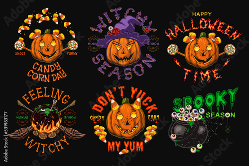 Set of halloween labels with sweets, witch hat, candy corn, eyes, cauldron, broomstick, text, pumpkins like human characters such as happy kids and funny witch. Colorful emblems in vintage style