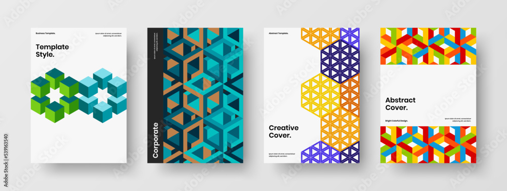 Bright geometric pattern company brochure illustration composition. Abstract booklet A4 vector design concept collection.