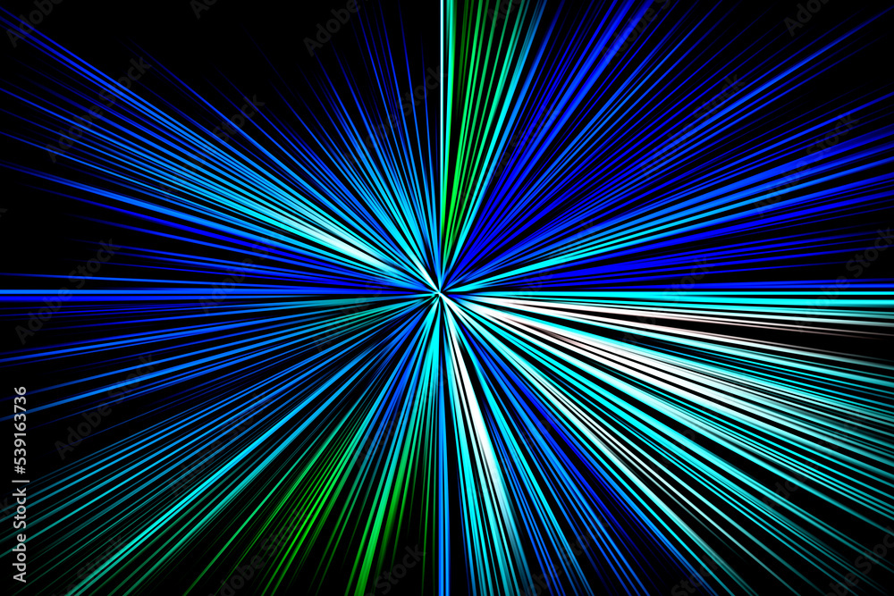 Abstract surface of blur radial zoom in green, dark blue and light blue tones on black background. Vivid blue-green background with radial, diverging, converging lines.