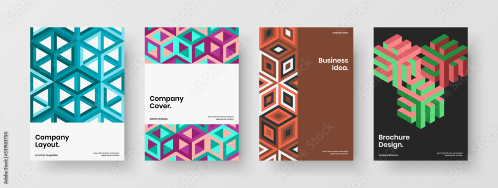 Colorful geometric shapes pamphlet illustration collection. Isolated poster A4 vector design template composition.