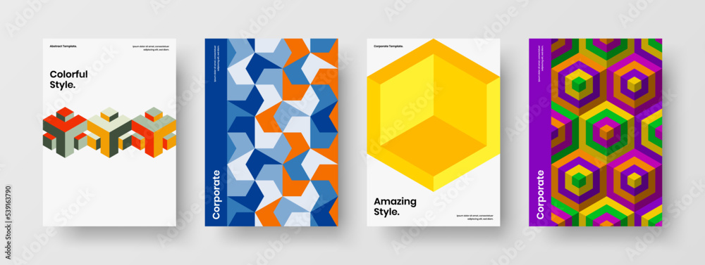 Isolated geometric hexagons flyer layout set. Clean booklet A4 vector design template bundle.
