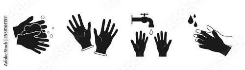 Preventive measures icons how not to get a virus. Wash hands and wear medical masks