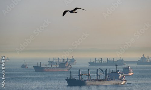 Big cargo ships waiting anchored on the Bosphorous in Istanbul with evening mist in the background