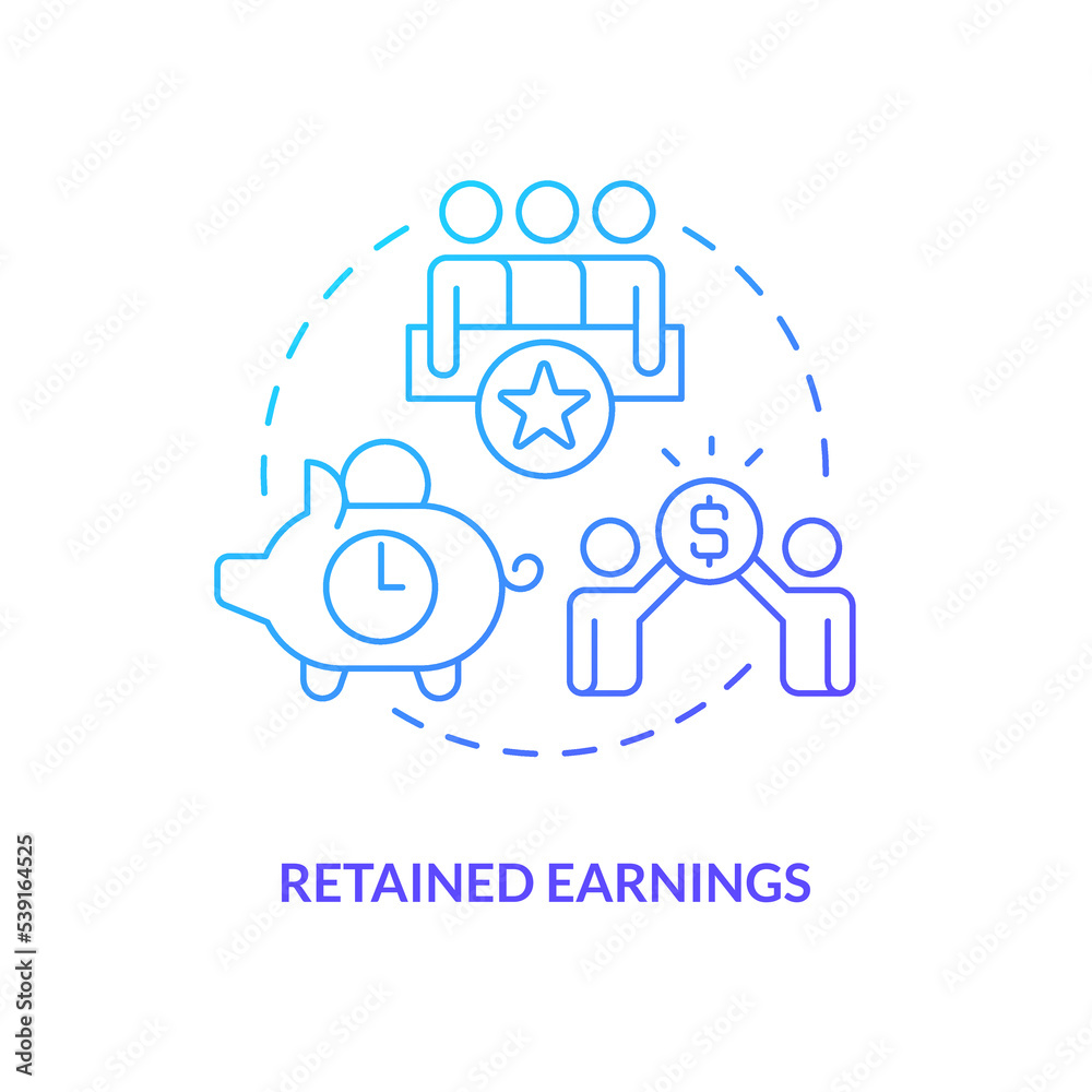 Retained earnings blue gradient concept icon. Company reserves. Source of long term financing abstract idea thin line illustration. Isolated outline drawing. Myriad Pro-Bold font used Retained earnings blue gradient concept icon. Company reserves. Source of long term financing abstract idea thin line illustration. Isolated outline drawing. Myriad Pro-Bold font used