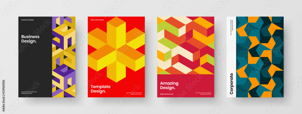 Colorful mosaic hexagons book cover template collection. Multicolored leaflet design vector concept composition.