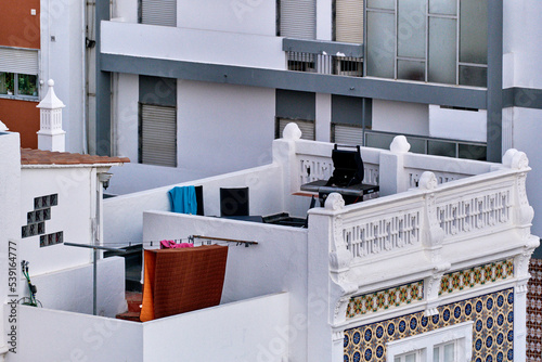 The terraces and laundry in the cubist architecture in Olhao, Algarve, Portugal