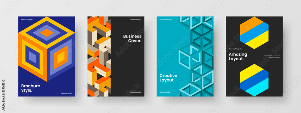 Simple mosaic hexagons leaflet illustration composition. Modern book cover design vector concept set.