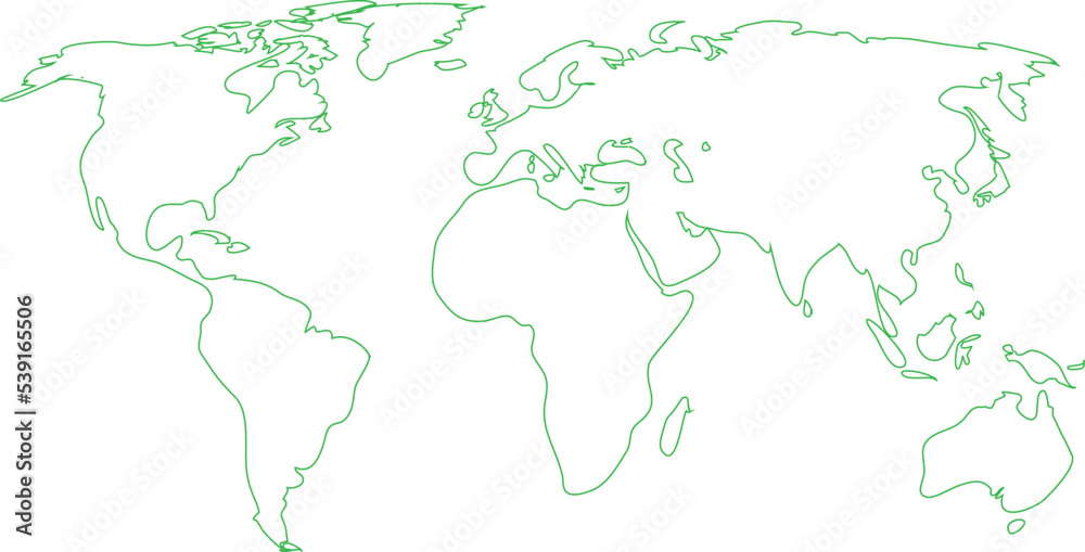 vector illustartion of green colored world map outline  on white background	
