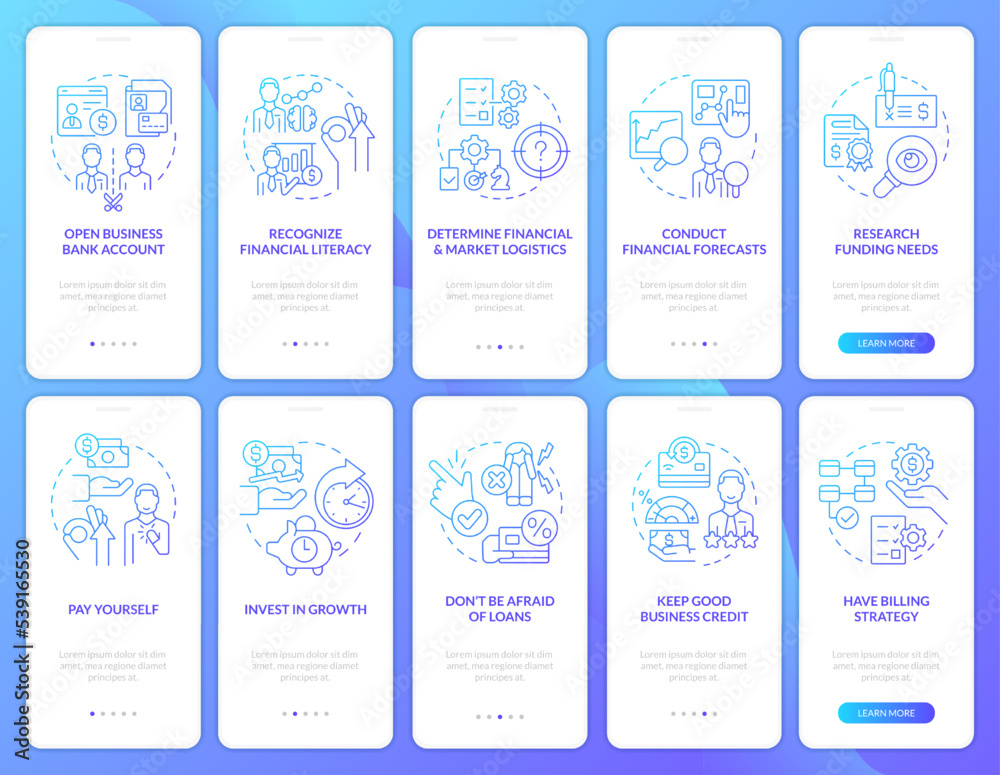 Business financial management blue gradient onboarding mobile app screen. Walkthrough 5 steps graphic instructions with linear concepts. UI, UX, GUI template. Myriad Pro-Bold, Regular fonts used