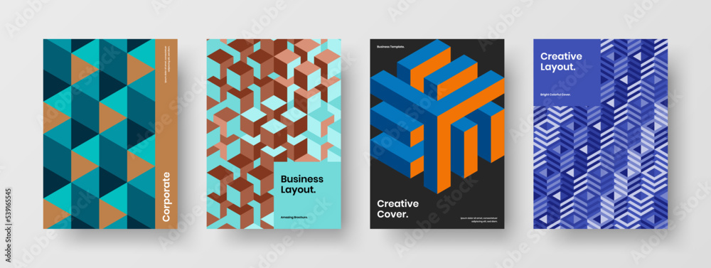 Modern geometric pattern leaflet concept set. Bright journal cover A4 design vector layout collection.