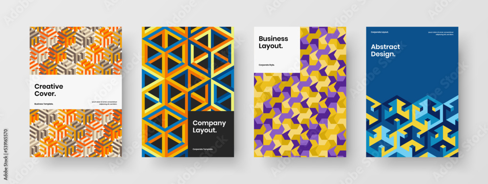 Unique geometric hexagons annual report template collection. Abstract cover design vector layout composition. Unique geometric hexagons annual report template collection. Abstract cover design vector layout composition.