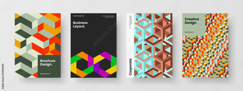 Creative journal cover A4 vector design concept collection. Multicolored mosaic shapes booklet template set.