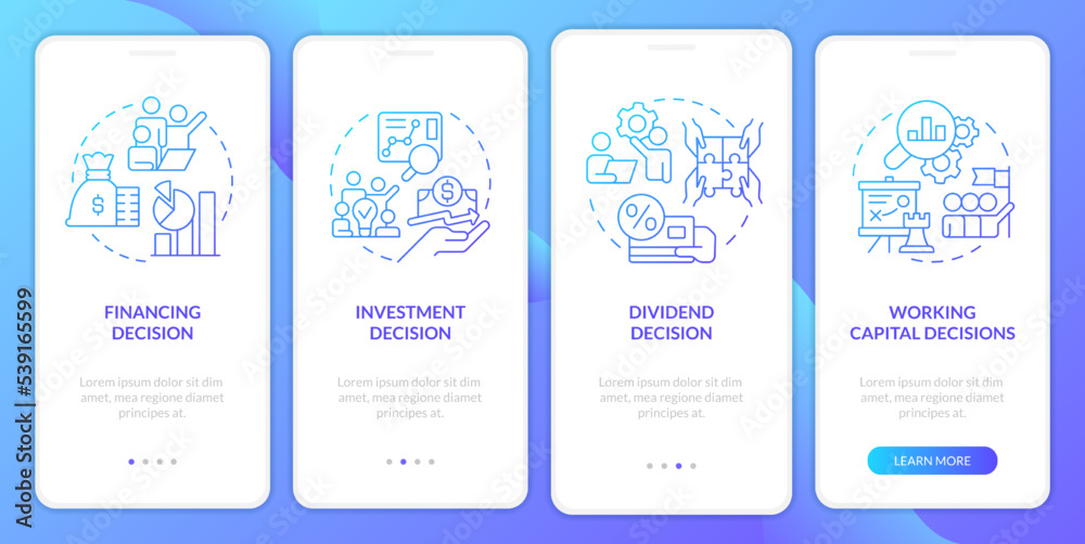 Types of financial decisions blue gradient onboarding mobile app screen. Walkthrough 4 steps graphic instructions with linear concepts. UI, UX, GUI template. Myriad Pro-Bold, Regular fonts used