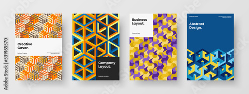 Unique geometric hexagons annual report template collection. Abstract cover design vector layout composition.