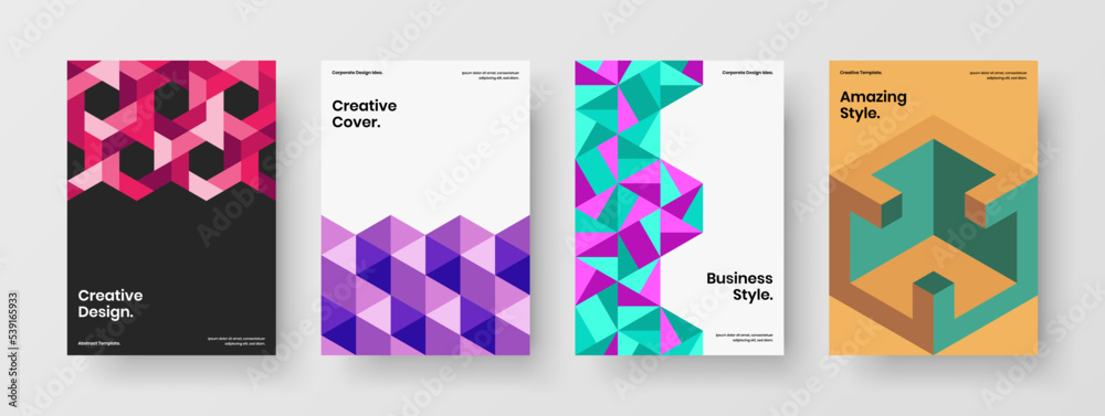 Colorful corporate cover A4 design vector layout collection. Simple geometric tiles company brochure concept set.