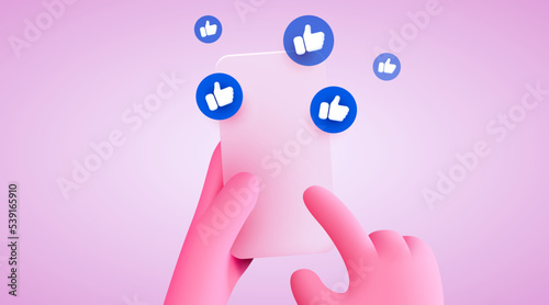 Cute cartoon hand holding mobile smartphone with Likes notification icons. Social media and marketing concept.