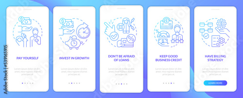 Small business finances tips blue gradient onboarding mobile app screen. Walkthrough 5 steps graphic instructions with linear concepts. UI, UX, GUI template. Myriad Pro-Bold, Regular fonts used