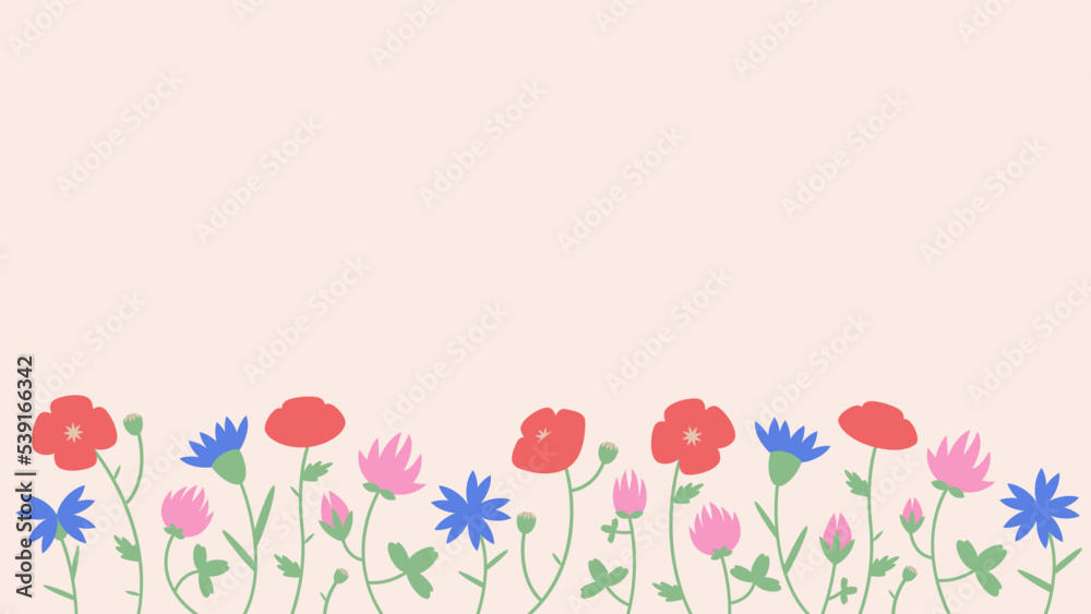 Banner with wildflowers. Beautiful design template in flat style.