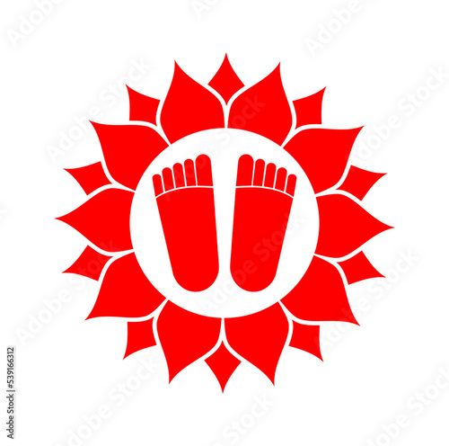 Lord Mahalaxmis red food frint on Lotus flower icon. Laxmis footprint. photo