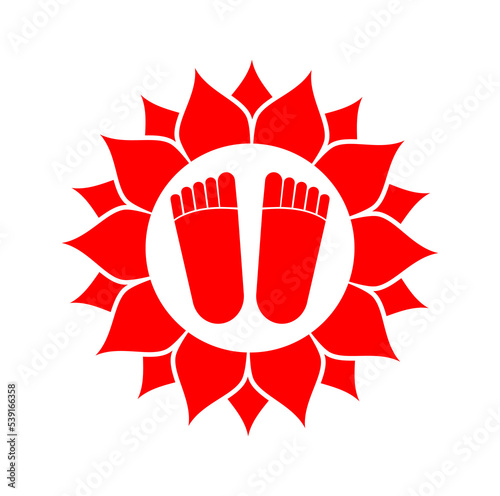 Lord Mahalaxmis red food frint on Lotus flower icon. Laxmis footprint. photo