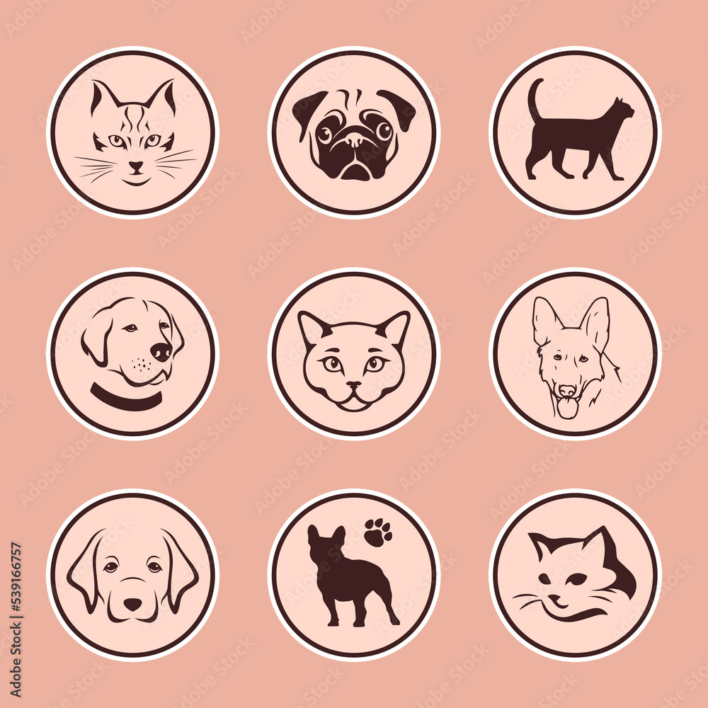Obraz premium Cute domestic cats and dogs collection as stickers set for design websites, applications, logo, sign, clothes, accessories, prints, single patterns or social network communication. 