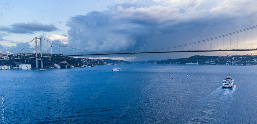 Fototapeta premium Aerial view of the Bosporous strait separating the city of Istanbul in an early summer morning
