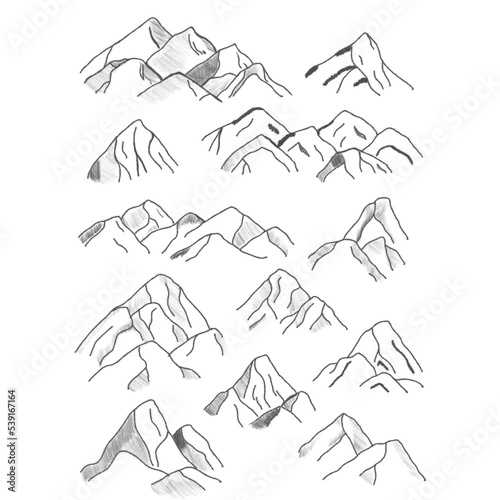 image of mountains drawn in pencil, mountains outline