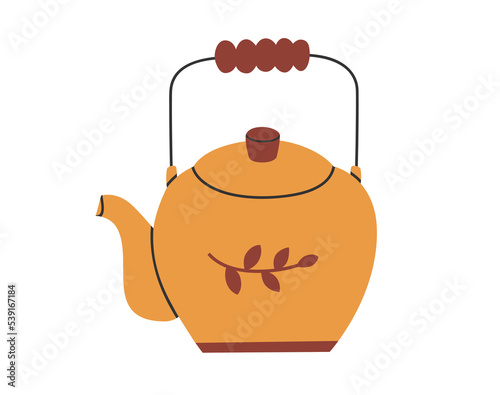 Hand drawn cute illustration of kettle. Flat vector utensils for boiling water in simple colored doodle style. Teapot for tea coffee sticker, icon or print. Isolated on white background.