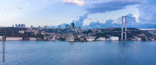 Panorama image Skyscrapers of istanbul behind the Bosphorous, financial district of Turkey next to a big bridge