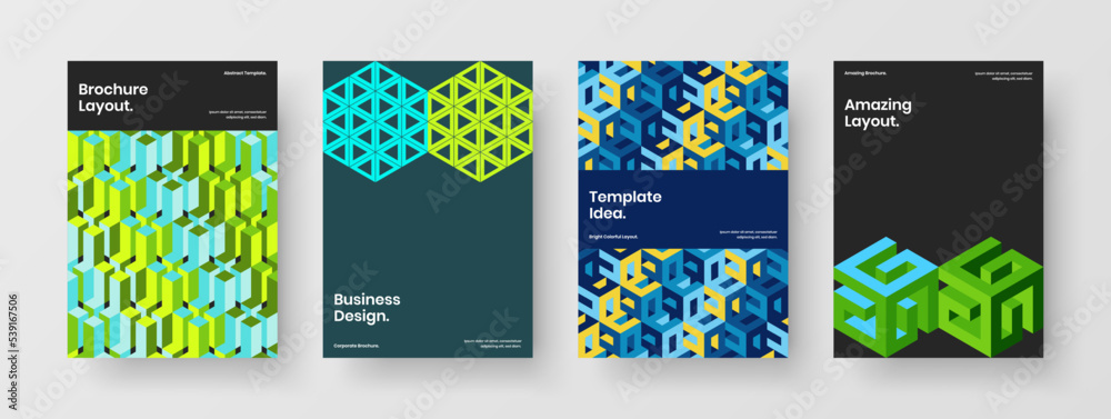 Modern geometric tiles poster concept collection. Simple leaflet A4 vector design layout bundle.