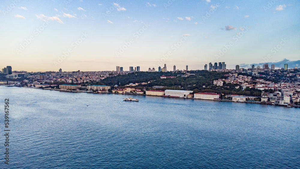 Panorama image Skyscrapers of istanbul behind the Bosphorous, financial district of Turkey next to a big bridge