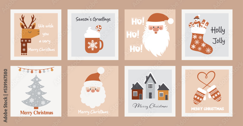 Set of Christmas and Happy New Year cards. Christmas Greeting Card. Vector design template. Cute illustrations with New Year symbols.