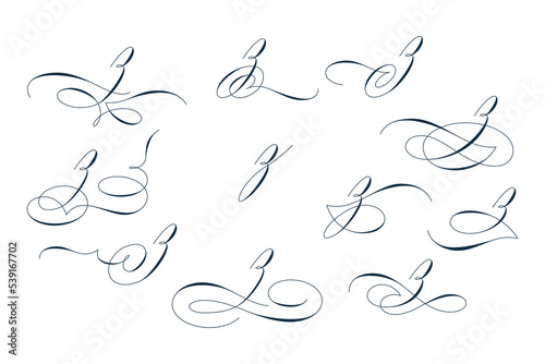 Set of beautiful calligraphic flourishes on letter z isolated on white background for decorating text and calligraphy on postcards or greetings cards. Vector illustration.