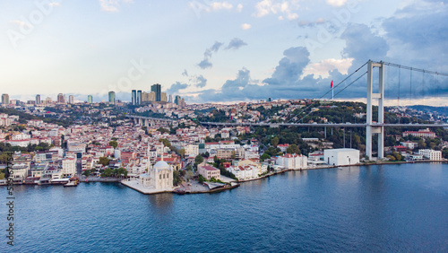 Panorama image Skyscrapers of istanbul behind the Bosphorous, financial district of Turkey next to a big bridge