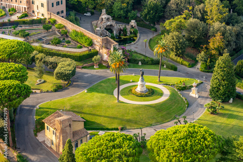 Vatican gardens seen from top of St. Peter's basilica in center of Rome, Italy