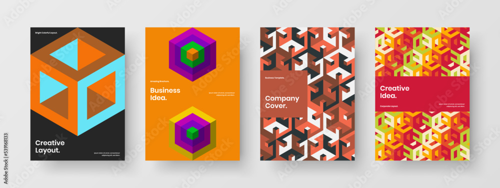 Vivid geometric hexagons pamphlet template collection. Bright cover vector design layout set.