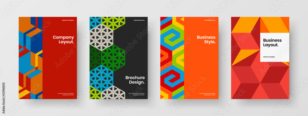 Multicolored catalog cover A4 vector design template bundle. Trendy mosaic tiles company brochure concept composition.