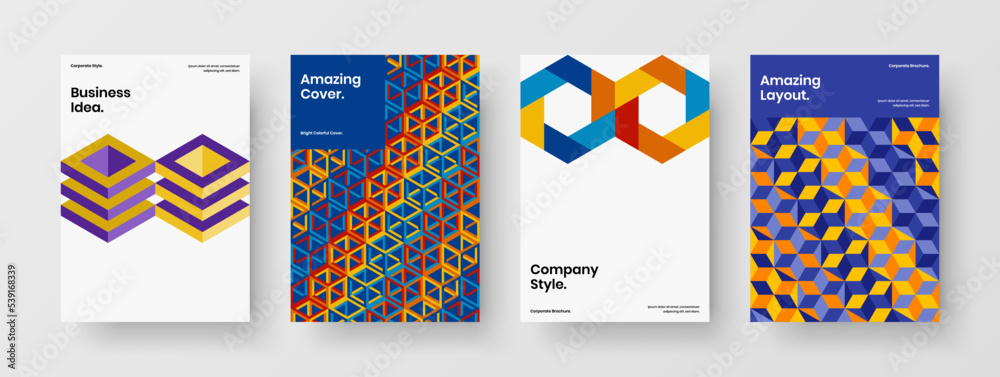 Abstract geometric pattern corporate brochure illustration bundle. Vivid postcard A4 design vector concept composition.