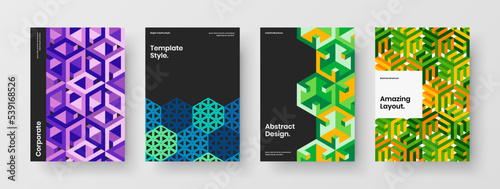 Isolated journal cover A4 design vector layout composition. Simple mosaic hexagons poster template bundle.