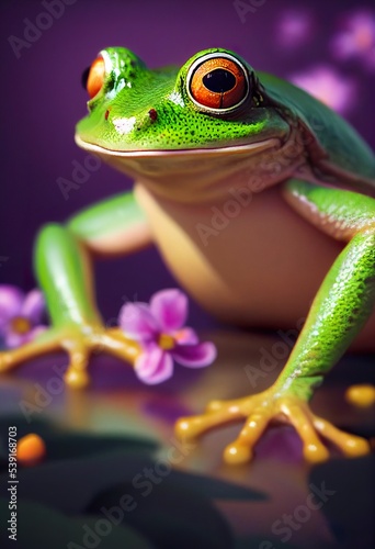 Stunning photorealistic illustration of cute toad sits on the rock and pink flowers around. Ai generated, is not based on any real image, person or character