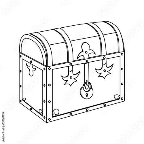 Chest simple linear icon. Wooden chest with a padlock and metal parts. For storage, savings, things or money