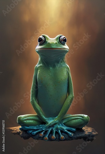 Stunning illustration of frog meditating in lotus position on the soaring stone. Ai generated, is not based on any real image, person or character © Cheport
