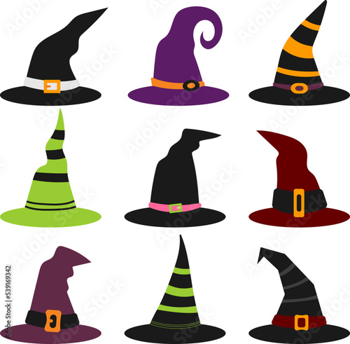 colorful witch hats, bright colors, different halloween hats