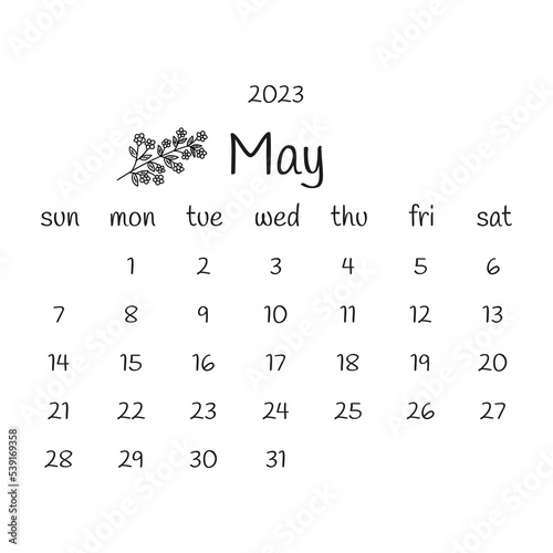 2023 may calendar with flowering twig. Black and white modern calendar, monthly planner. Vector hand drawn doodle illustration. Modern simple design. Spring month