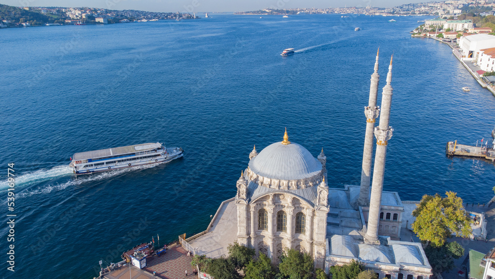 Skyscrapers of istanbul behind Ortaköy Camii mosque and city behind, aerial view of the Bosporous in Istanbul