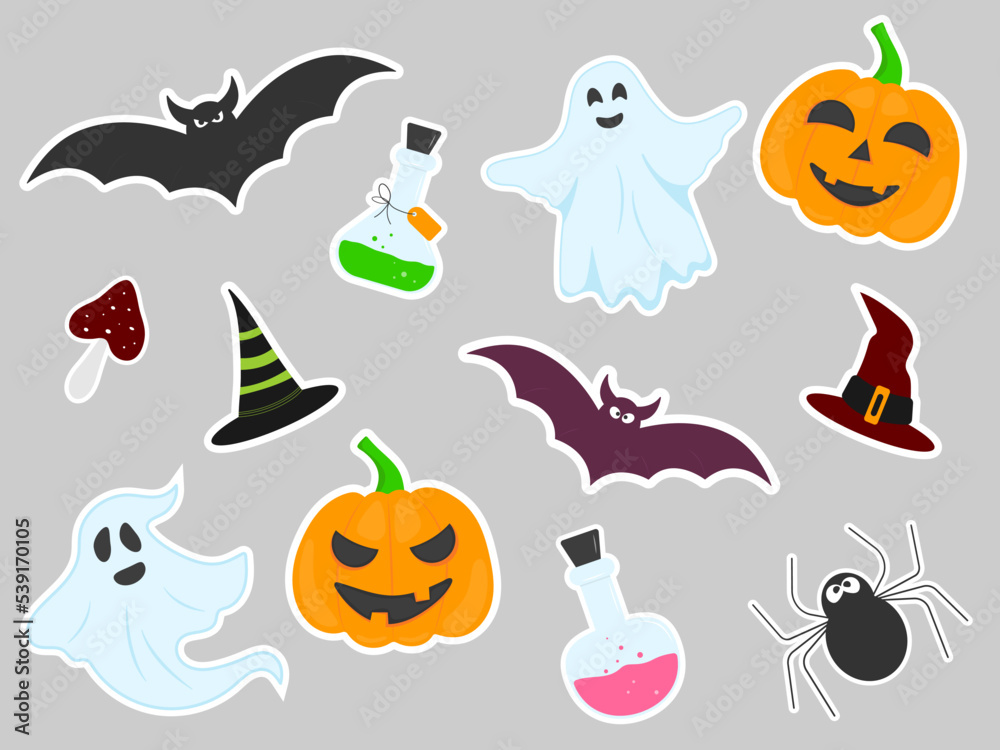 Stickers flat for halloween on grey background - pumpkins, ghost, spider, witch hat, bat, magic potion, mushroom