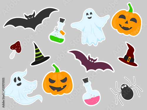 Stickers flat for halloween on grey background - pumpkins  ghost  spider  witch hat  bat  magic potion  mushroom