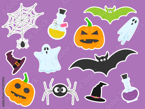 Set of flat stickers halloween on background, pumpkin, ghost, spider, witch hat, bat, magic potion