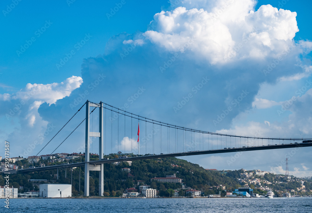 Istanbul next to the 15 Temmuz bridge, aerial view of the Bosporous shore
